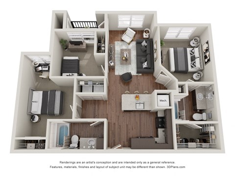 Floor plan for 3 beds, 2 baths, 1075 sqft